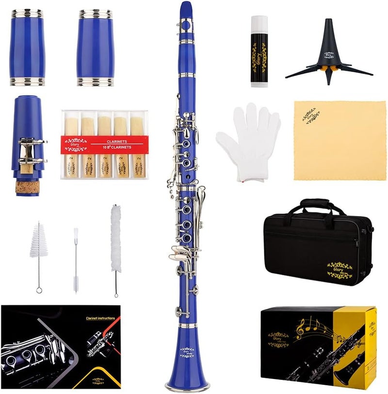 Glory GLY-CLADBL Professional Ebonite Bb Clarinet with 10 Reeds, Stand, Hard Case, Cleaning Cloth, Mouthpiece Brush and Pad Brush,Dark Blue/Silver - Image 2